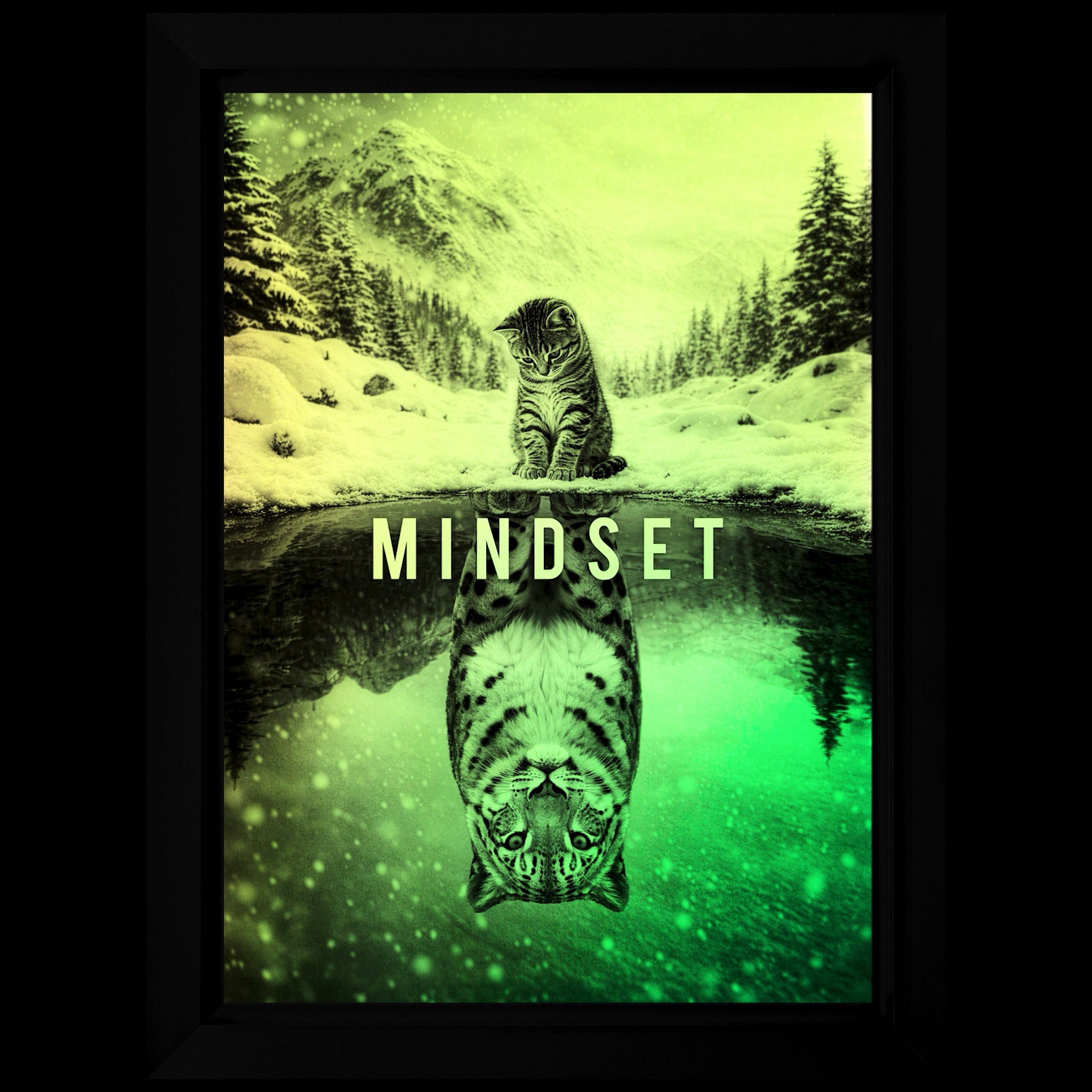 Mindset LED-billede med en kat og dens spejlbillede som en sneleopard, oplyst i grønt og gult lys