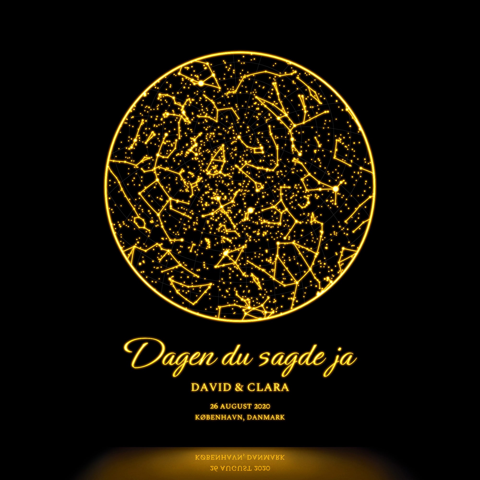 Personligt stjernekort, der lyser i mørket med en gul glød.