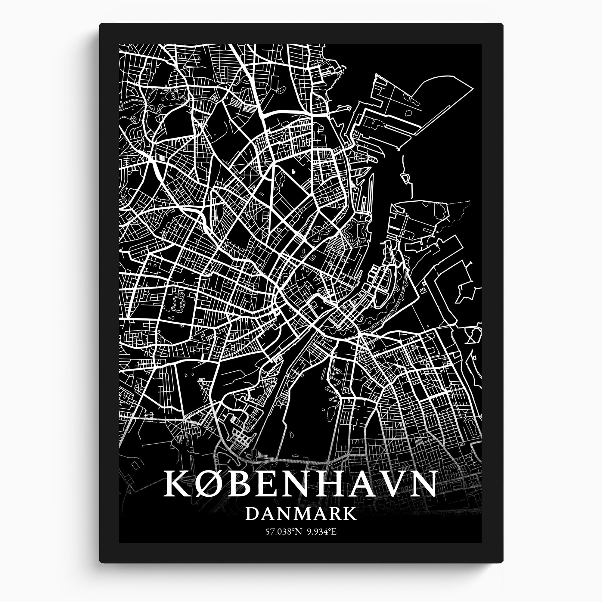 Bykort over København i dagslys, indrammet og klar til ophængning.