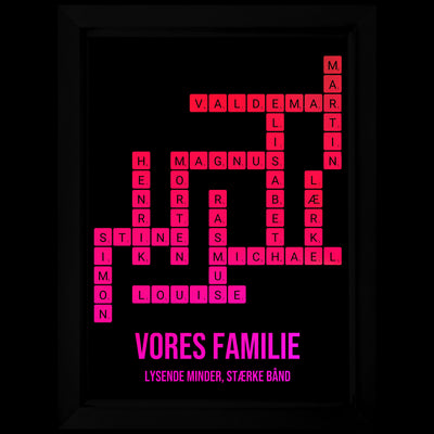 Personligt Krydsord LED-billede med familiens navne oplyst i pink lys