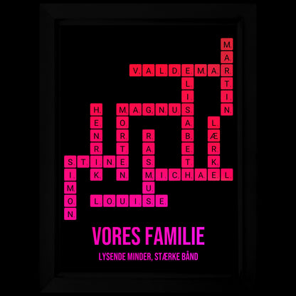 Personligt Krydsord LED-billede med familiens navne oplyst i pink lys