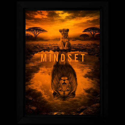 Mindset LED-billede med en løveunge og dens spejlbillede som voksen løve, oplyst i orange og gult lys